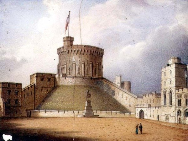 Worcester plaque depicting the Round Tower, Windsor Castle, one of a pair, c.1830-40 by Enoch Doe