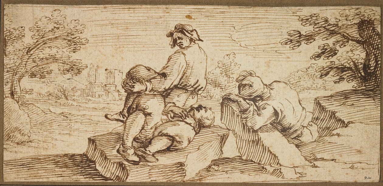 Three Figures Resting in a Landscape by Ercole Bazzicaluva