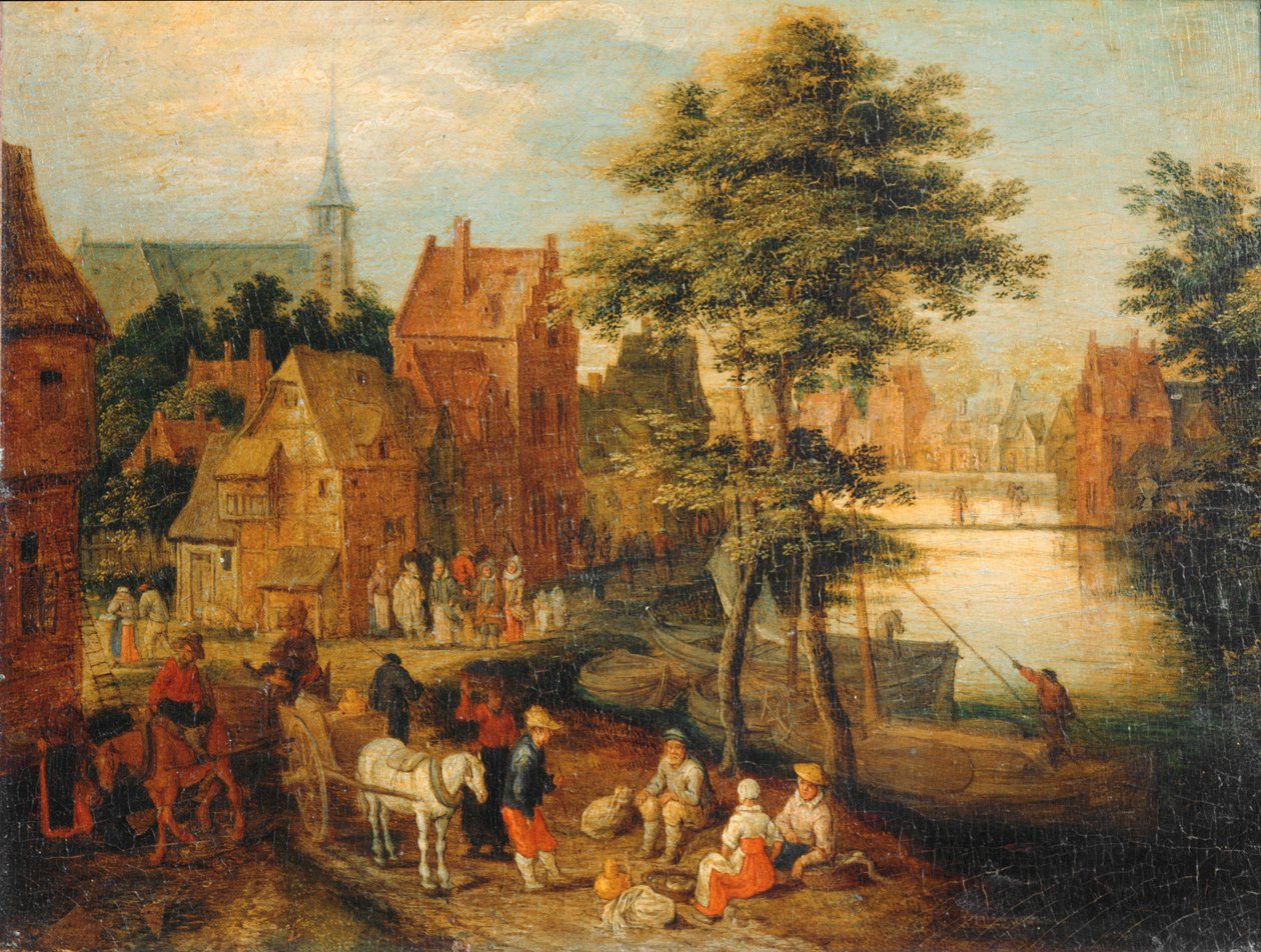 Flemish Village with a River and Carts on the Road by Erich Lessing