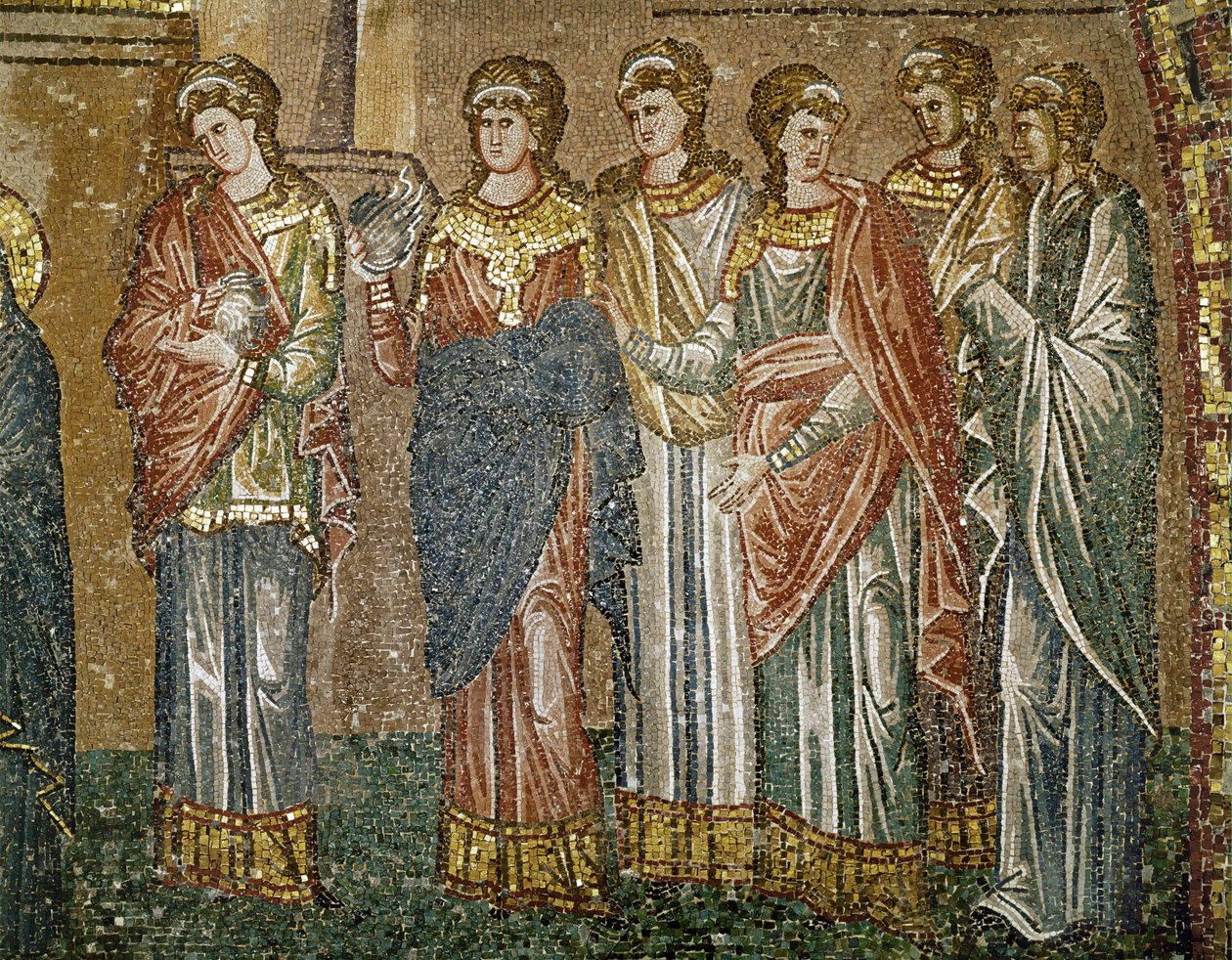 Young maidens waiting to receive wool to weave the curtain for the temple by Erich Lessing