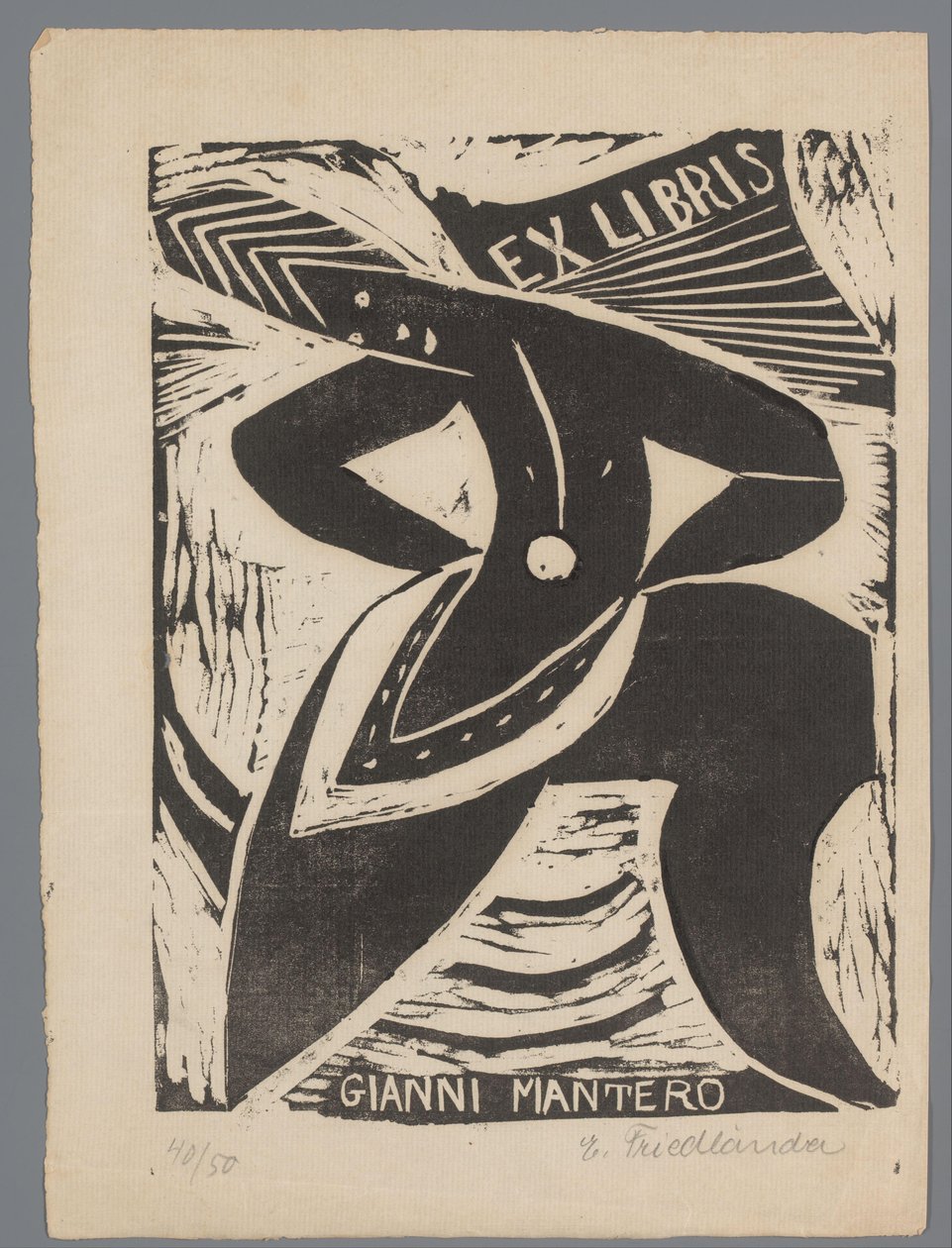 Ex Libris of Gianni Mantero by Erna Levy Friedländer (signed by artist)