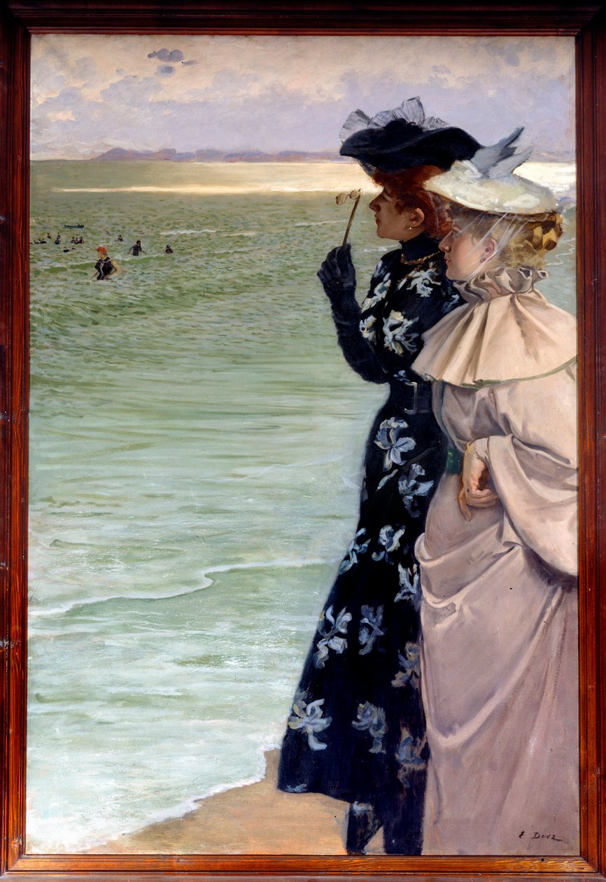 Belle Epoque: Bath time by the sea. Two women on the shore examining the bathers with binoculars by Ernest Ange Duez
