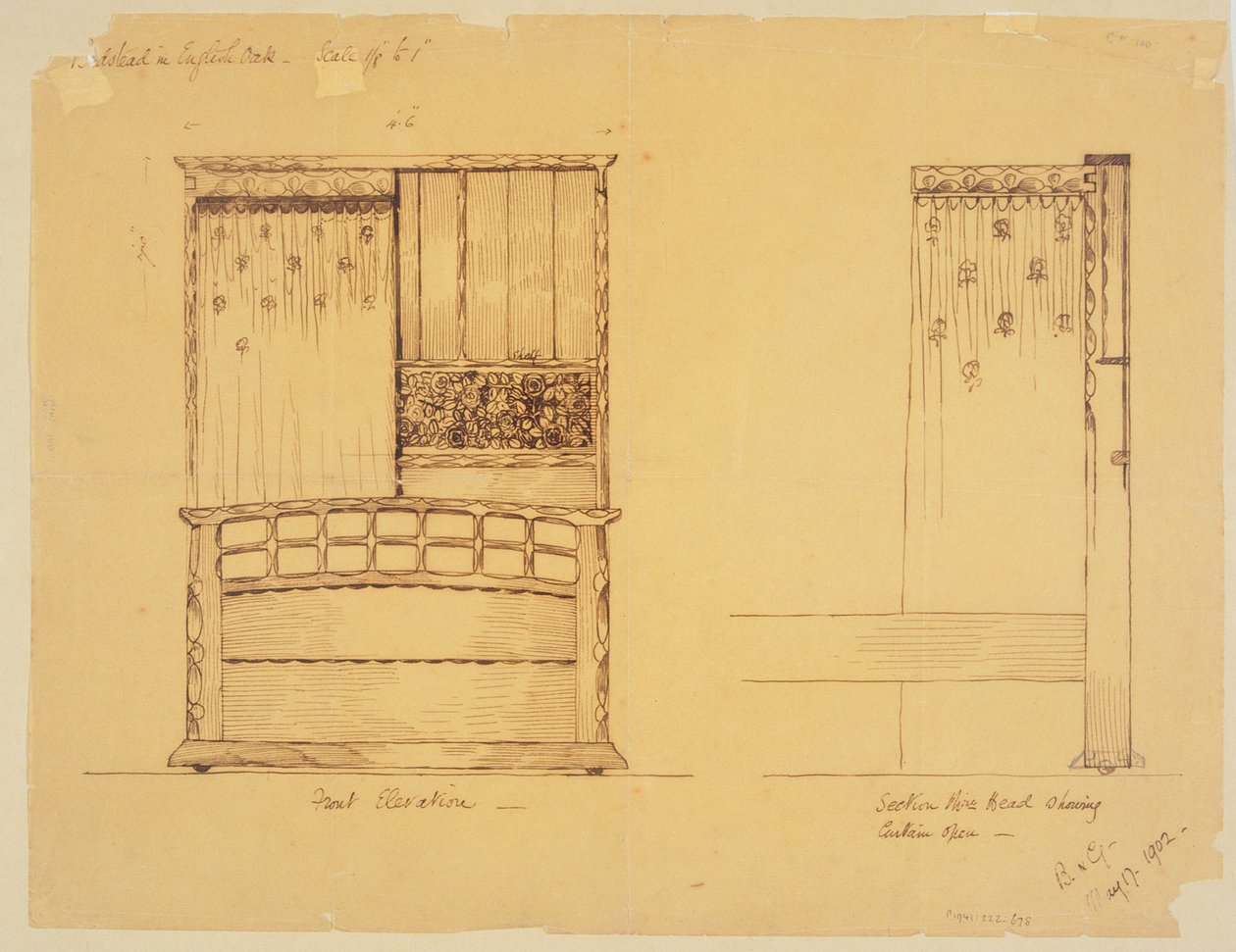 Design for a bedstead in English oak, 1902 by Ernest Barnsley