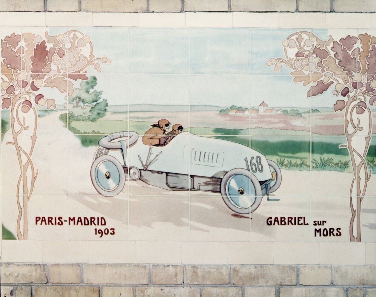 Gabriel driving a Mors car in the Paris to Madrid race of 1903, known as The Race of Death: ceramic tiles manufactured by Gilardoni Fils et Cie of Paris, after a drawing by Ernest Montaut (1878-1909) by Ernest Montaut
