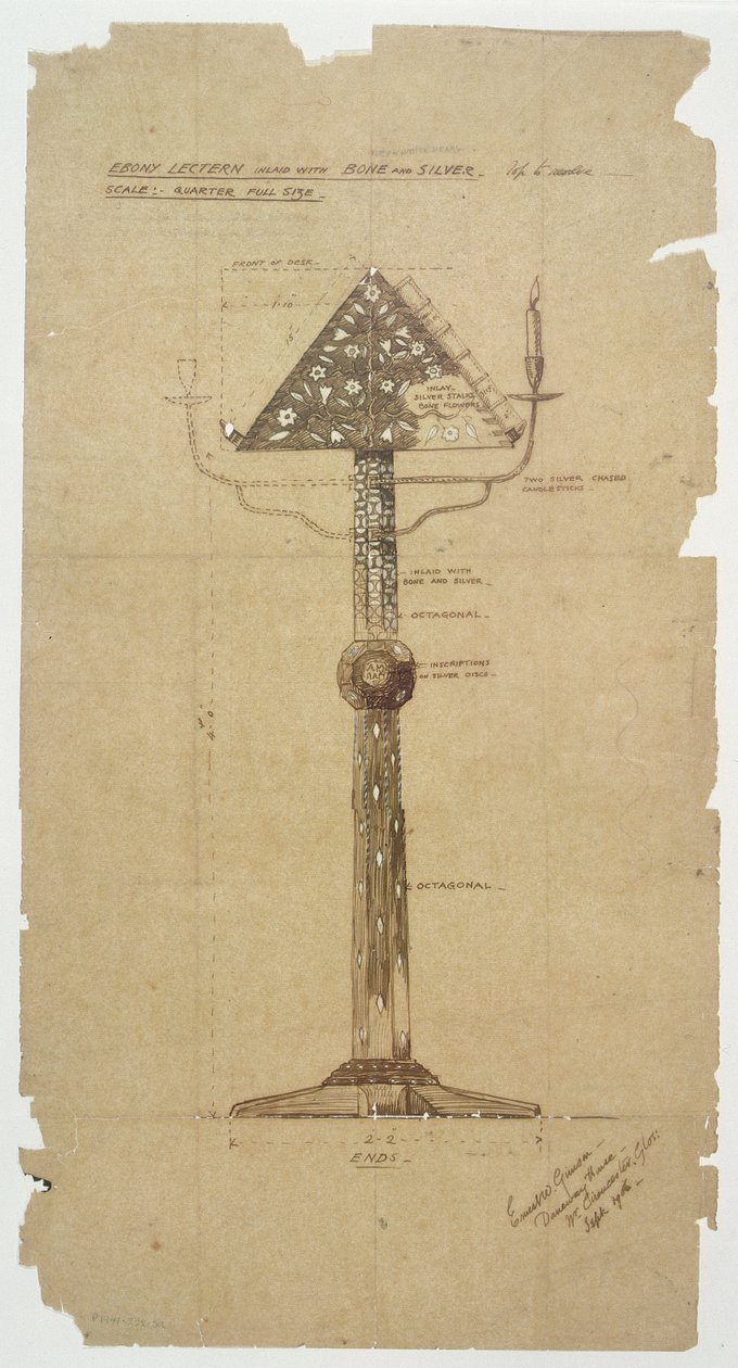 Design for Ebony Lectern inlaid with Bone & Silver for St. Andrews Church, Roker by Ernest William Gimson