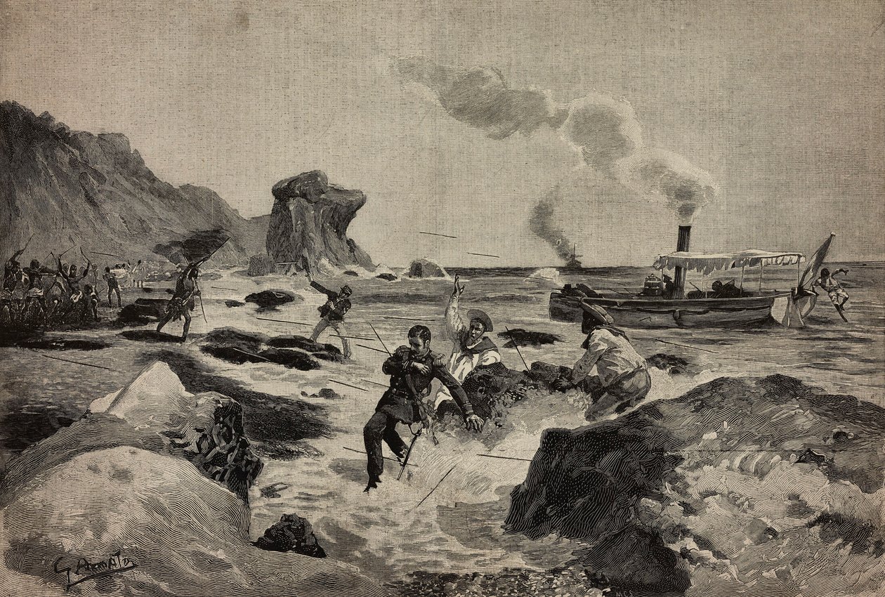 Killing of Lieutenant Carlo Zavagli in Warsheikh, Somalia, April 24, engraving by Ernesto Mancastropa from drawing by Gennaro Amato, from L