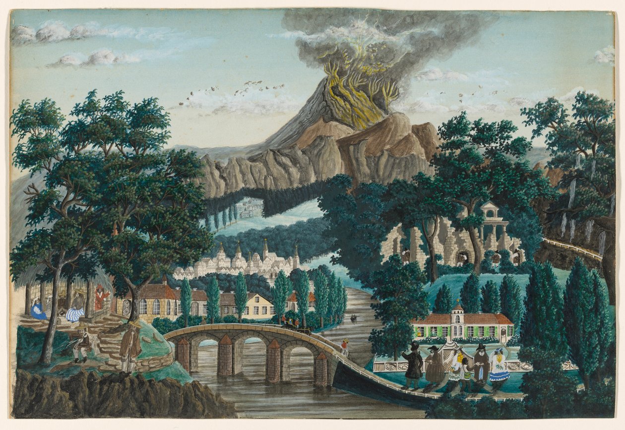 Landscape with Erupting Volcano, Bridge and Wedding Party by Ernst Damitz