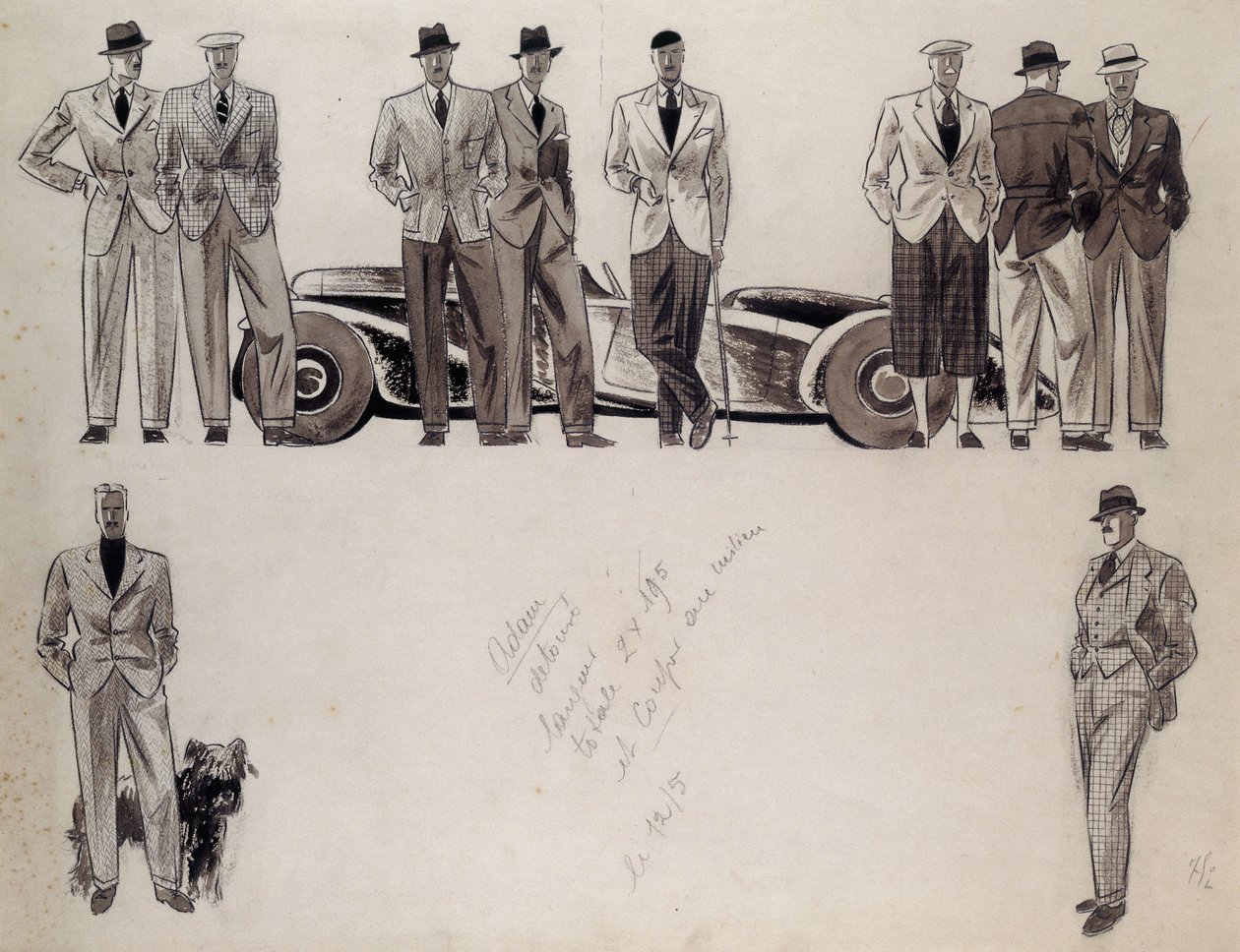 Fashion design for 'Adam' depicting ten male models standing by a car