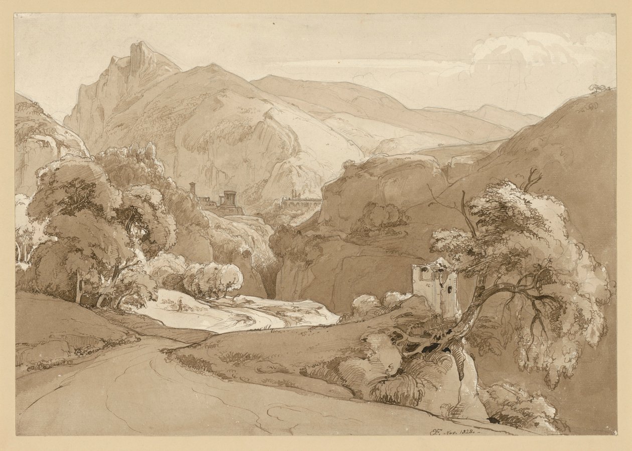 Italian Mountain Landscape, with Ruins of a Round Temple in the Middle Ground by Ernst Fries