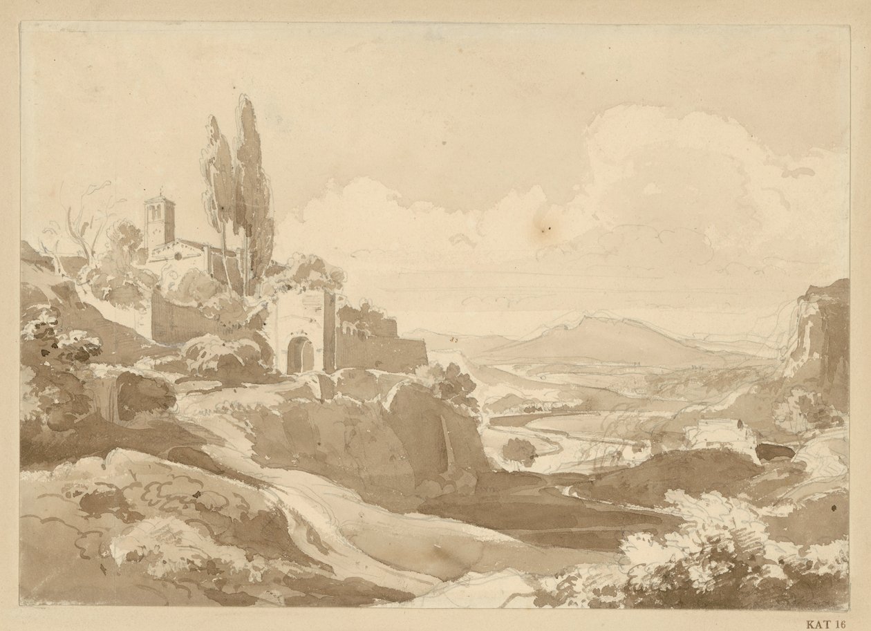 Landscape in the Alban Hills, on the Hill to the Left a Gate and a Church by Ernst Fries