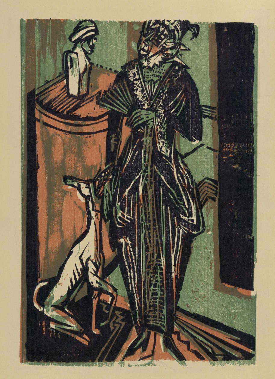 Lady with Dog. from: Catalogue of the Exhibition of Clothes from the Embroidery Room of Mrs. Eucken in Bremen by Ernst Ludwig Kirchner