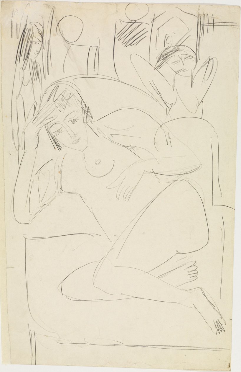 Female Nude Crouching in an Armchair with Wooden Figures by Ernst Ludwig Kirchner