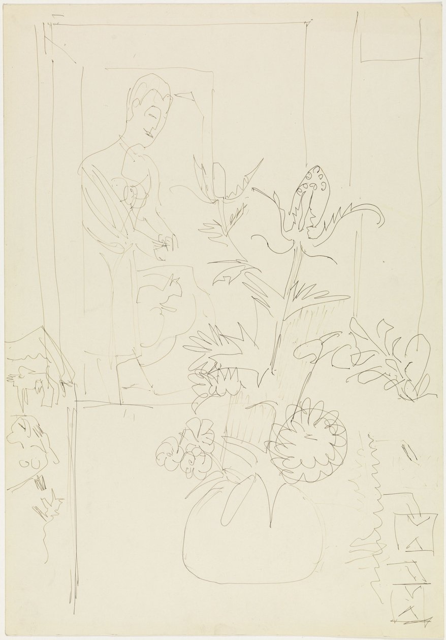 Interior with Flower Vase, Woman and Cat by Ernst Ludwig Kirchner