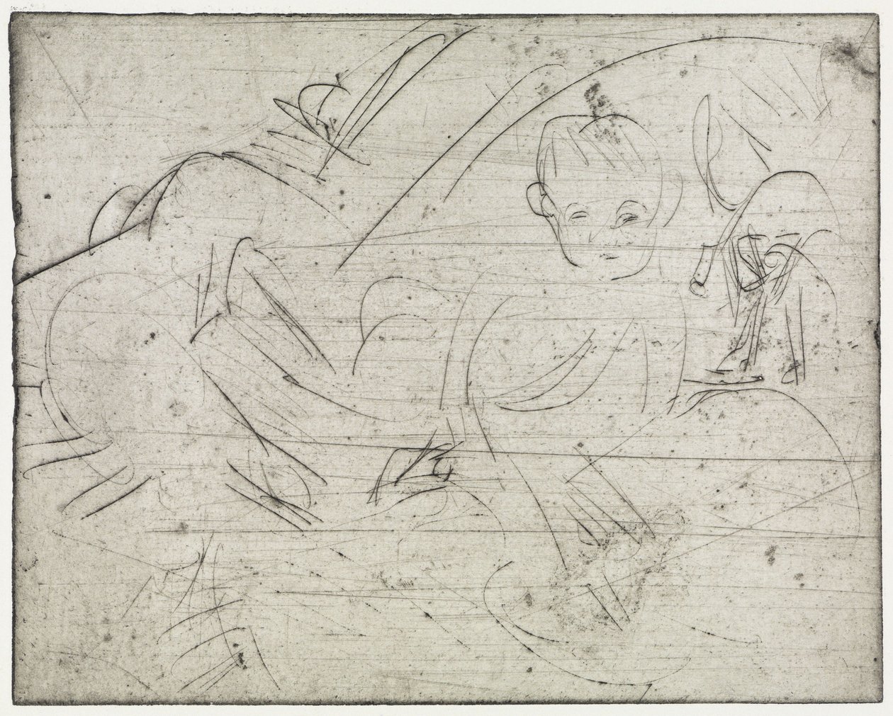 Children with Japanese Parasol / Lying Boy and Cat by Ernst Ludwig Kirchner