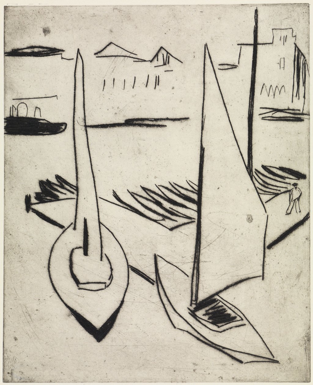 Sailboat Harbour on the Alster, Hamburg / Street with Obelisks, Dresden by Ernst Ludwig Kirchner