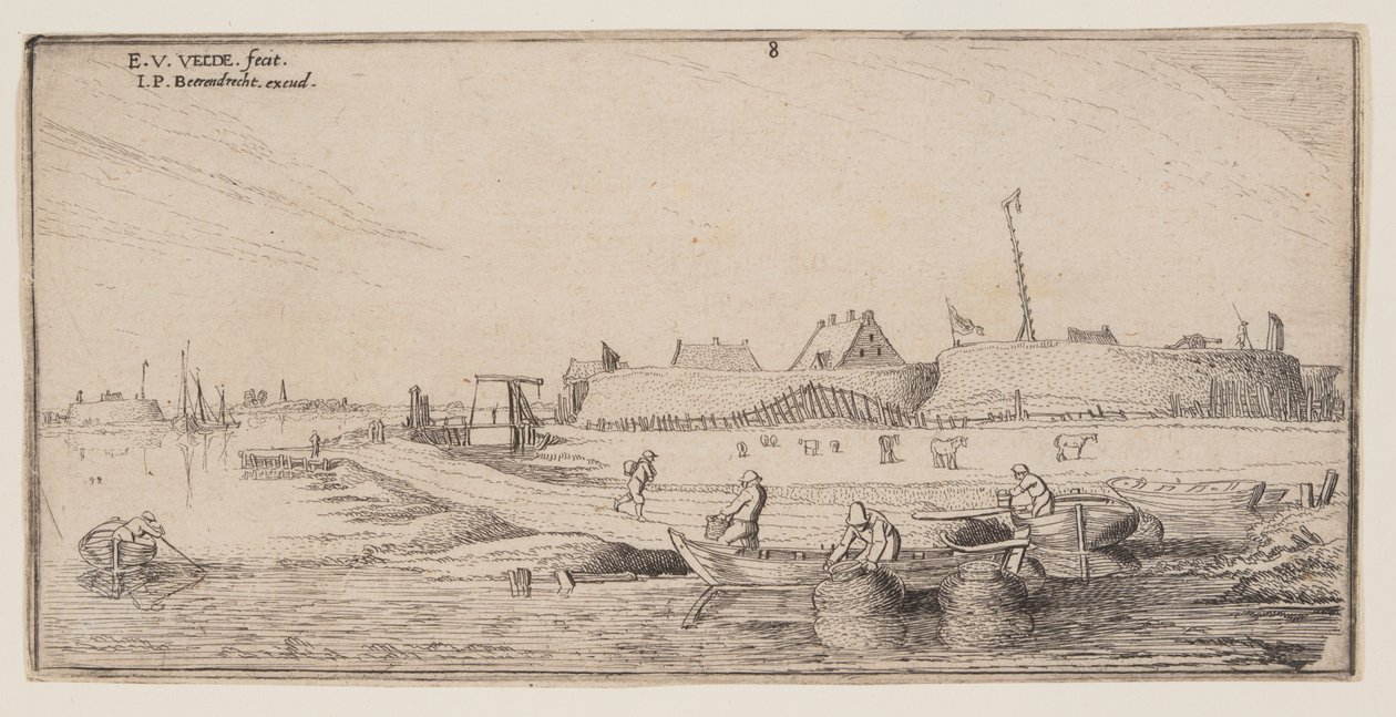 Fishermen in Rowboats Before a Walled Town, from Landscapes by Esaias van de Velde