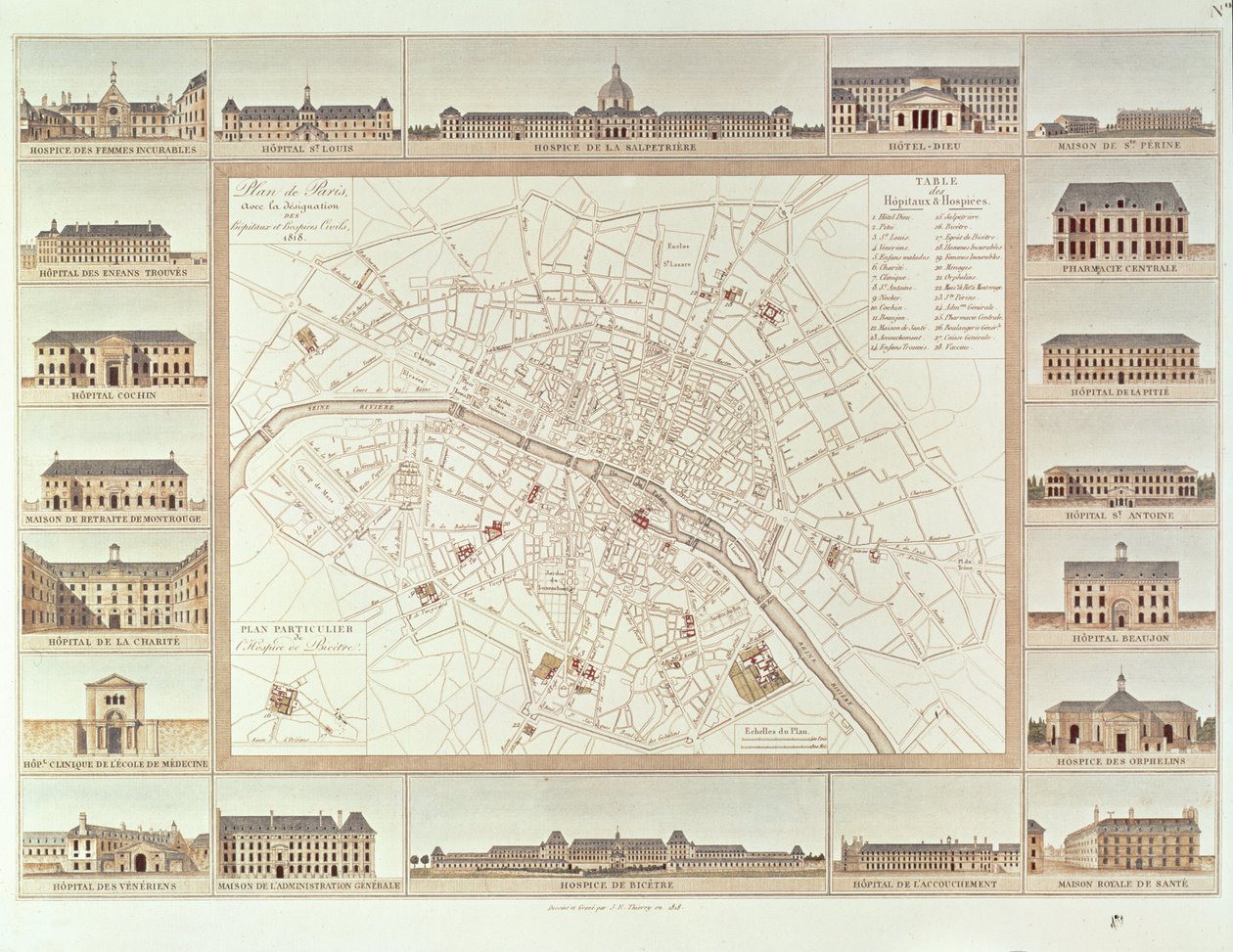Plan of Paris indicating civil hospitals and homes, 1818, published in 1820 by Etienne Jules Thierry