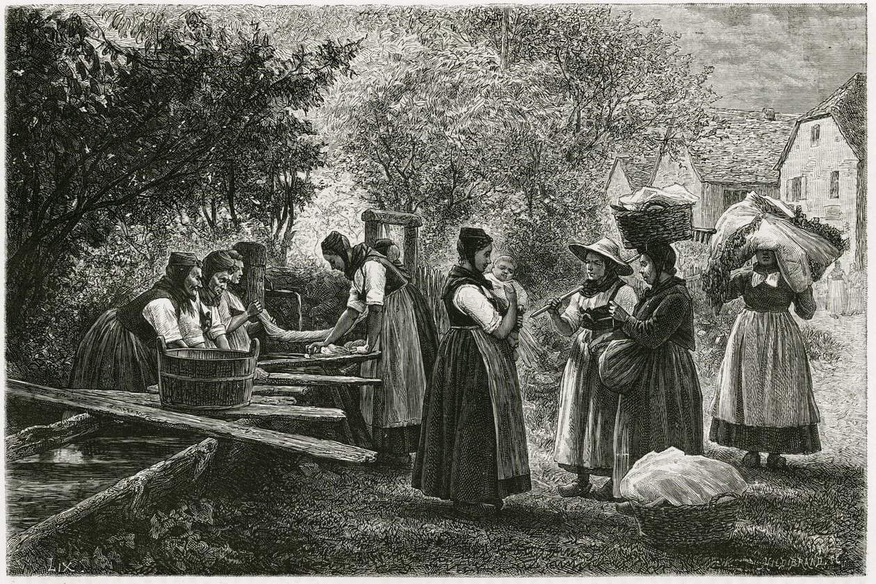 A laundry in Metzeral, women wearing traditional vallee costumes gather at the village fountain. Engraving to illustrate the story 