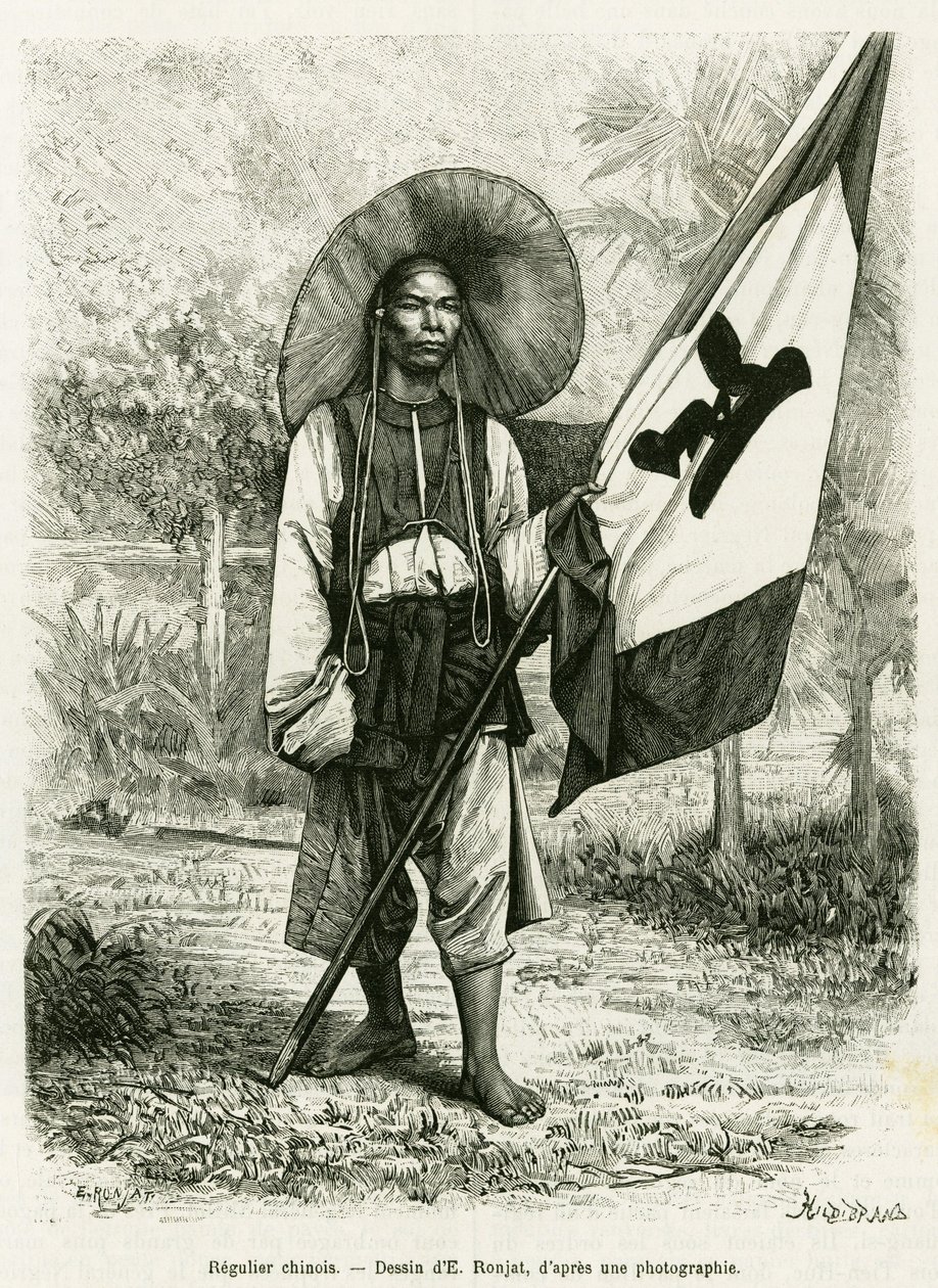 Chinese rule. Engraving after a photograph, to illustrate the story Trente mois au Tonkin in 1884, by Doctor Hocquard, in le tour du monde 1889, directed by Edouard Charton, Hachette, Paris. by Etienne Antoine Eugene Ronjat