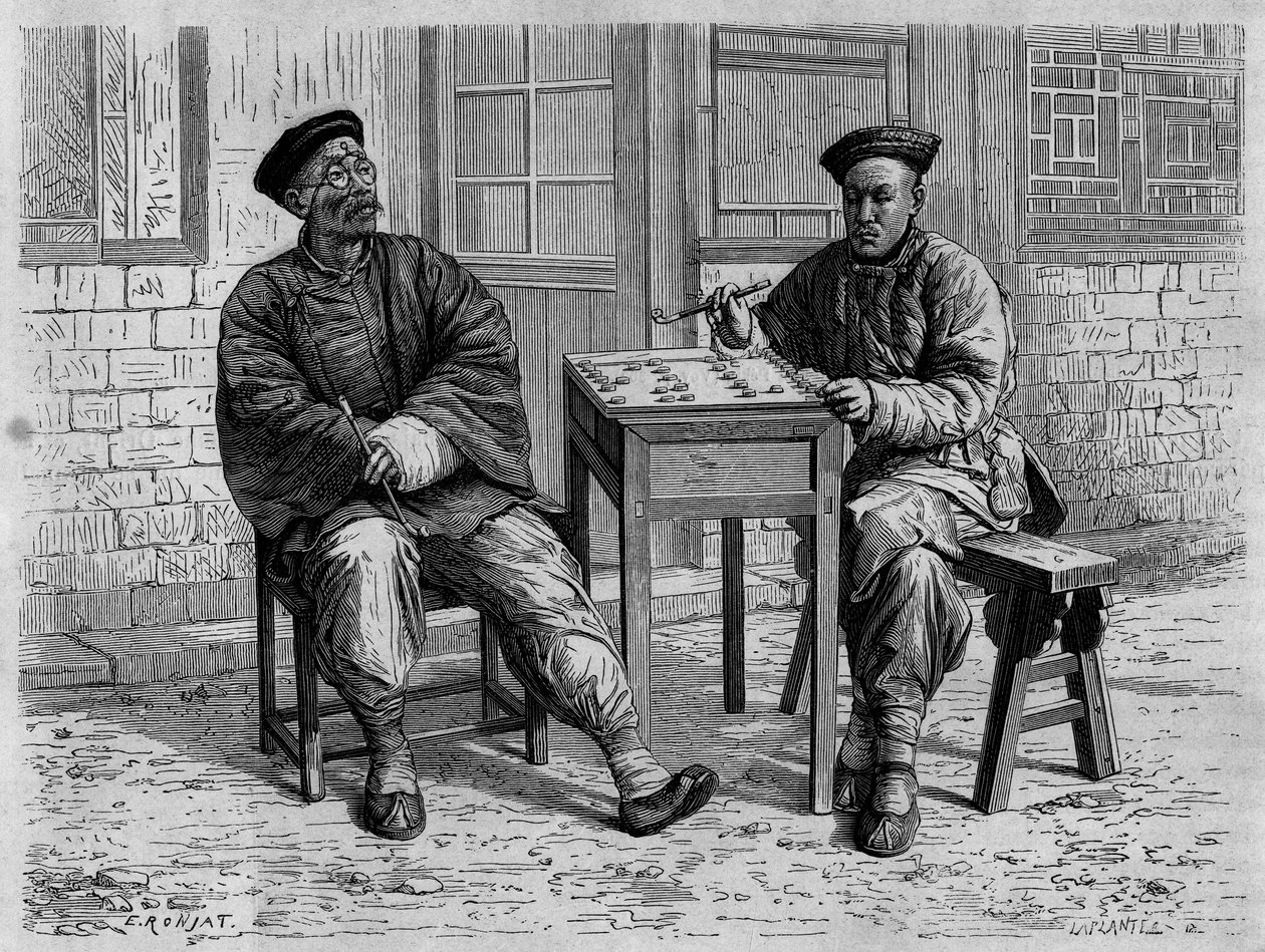 Go Players in the Streets of Pekin (Beijing) in the 19th Century. Engraving after a Drawing by Ronjat, after a Photograph by Doctor Morache, in Le Tour du Monde, Nouveau journal des Voyages, Edited by Edouard Charton, Paris by Etienne Antoine Eugene Ronjat