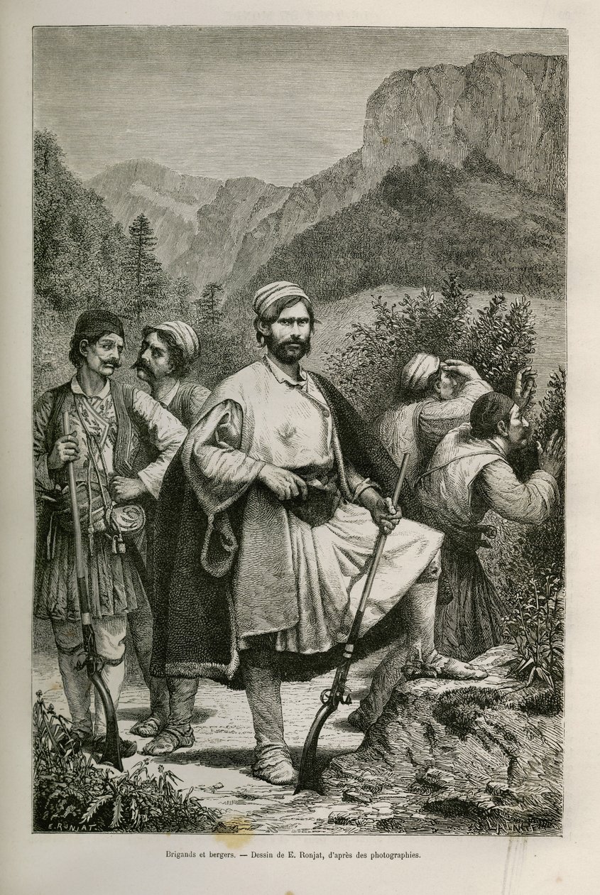 Greek brigands and shepherds, accomplices in the mountains. Drawing by E. Ronjat, to illustrate the story of Henri Belle: Journey to Greece by Etienne Antoine Eugene Ronjat
