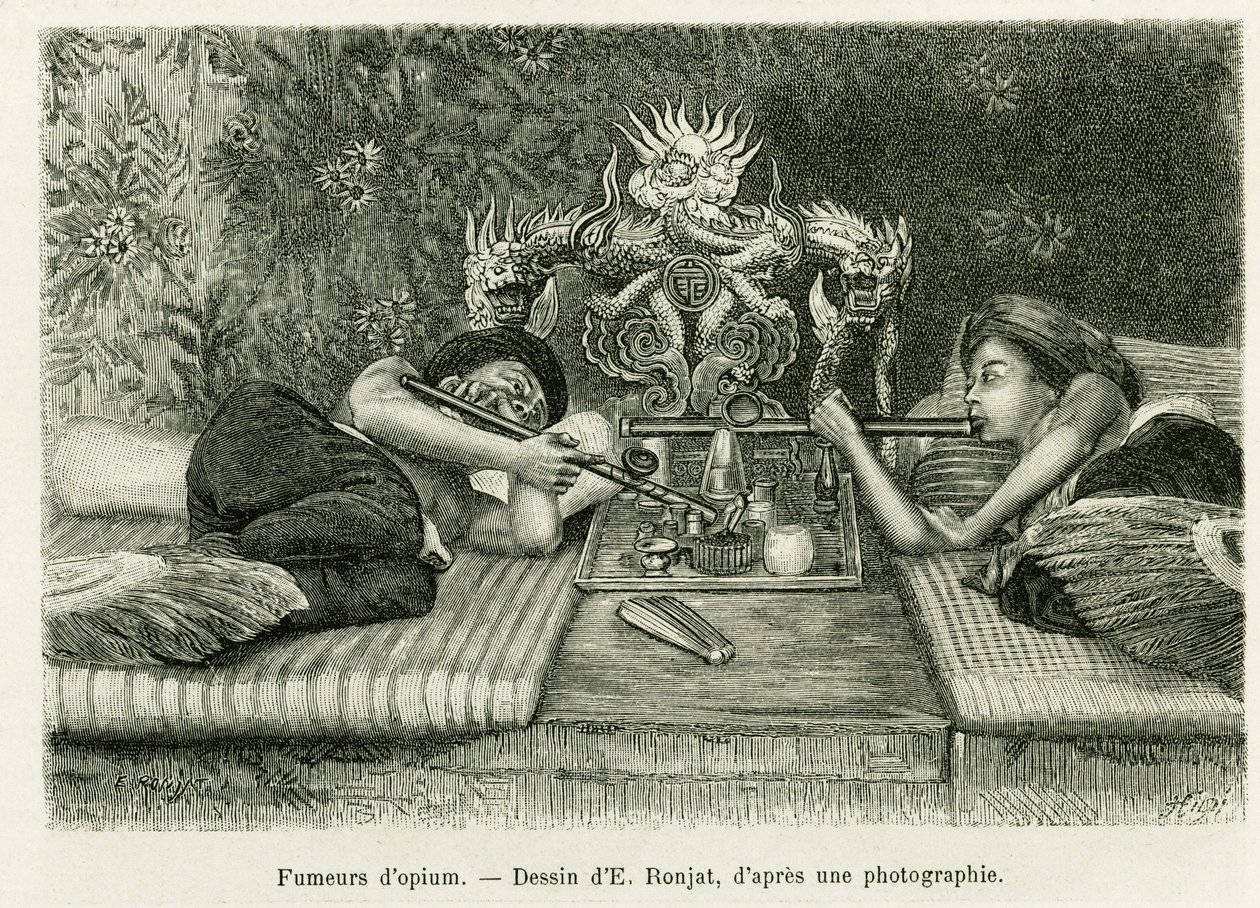 Opium Smokers. Engraving by E. Ronjat, after a photograph, to illustrate the story 