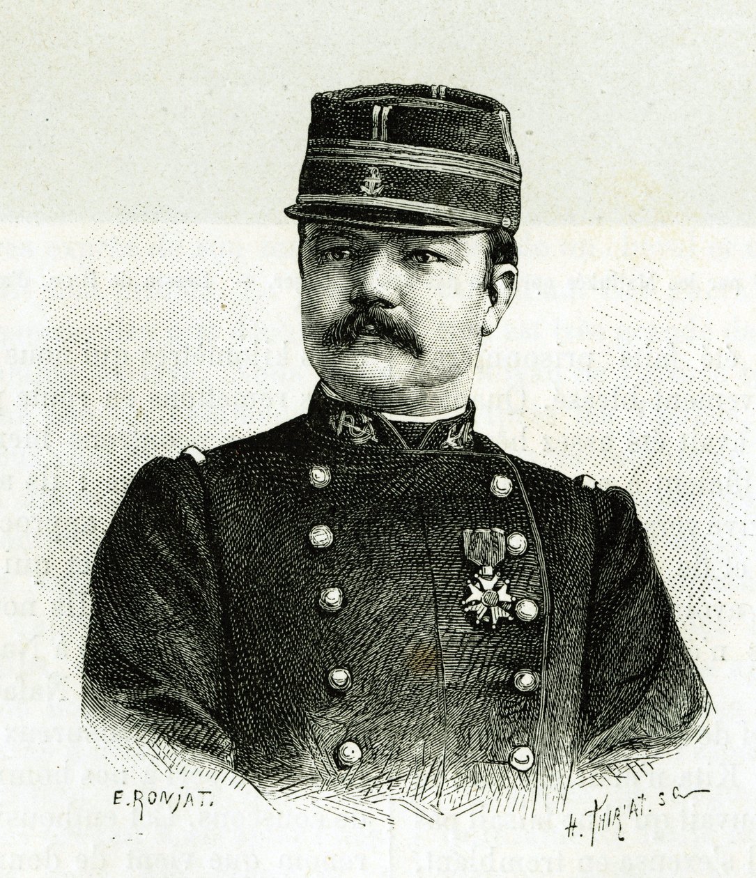Portrait of Captain Vallière, of the naval infantry, during the expedition to Africa under the command of Gallieni. Engraving by E. Ronjat, after a photograph, to illustrate the story 
