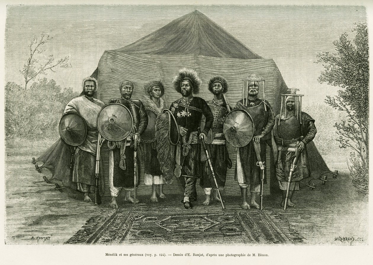 Portrait of Prince Menelik II of Ethiopia surrounded by his generals (engraving by Ronjat, after a photograph, to illustrate the story 