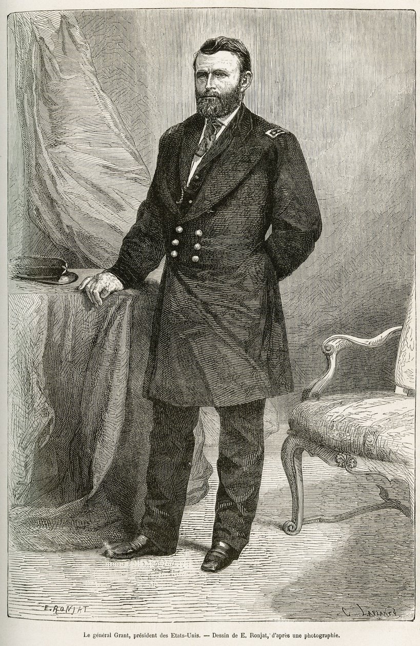 Portrait of Ulysses Grant (1822-1885), American general, leader of Union troops during the Secession War and 18th President of the United States for two terms from 1869 to 1877. Engraving after the drawing of E. Ronjat, to illustrate the story by Etienne Antoine Eugene Ronjat