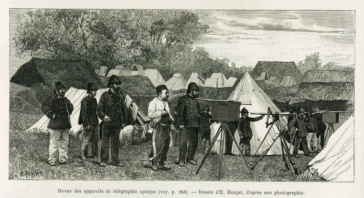 Review of optical telegraphy apparatus. Engraving by E.Ronjat, to illustrate the story 