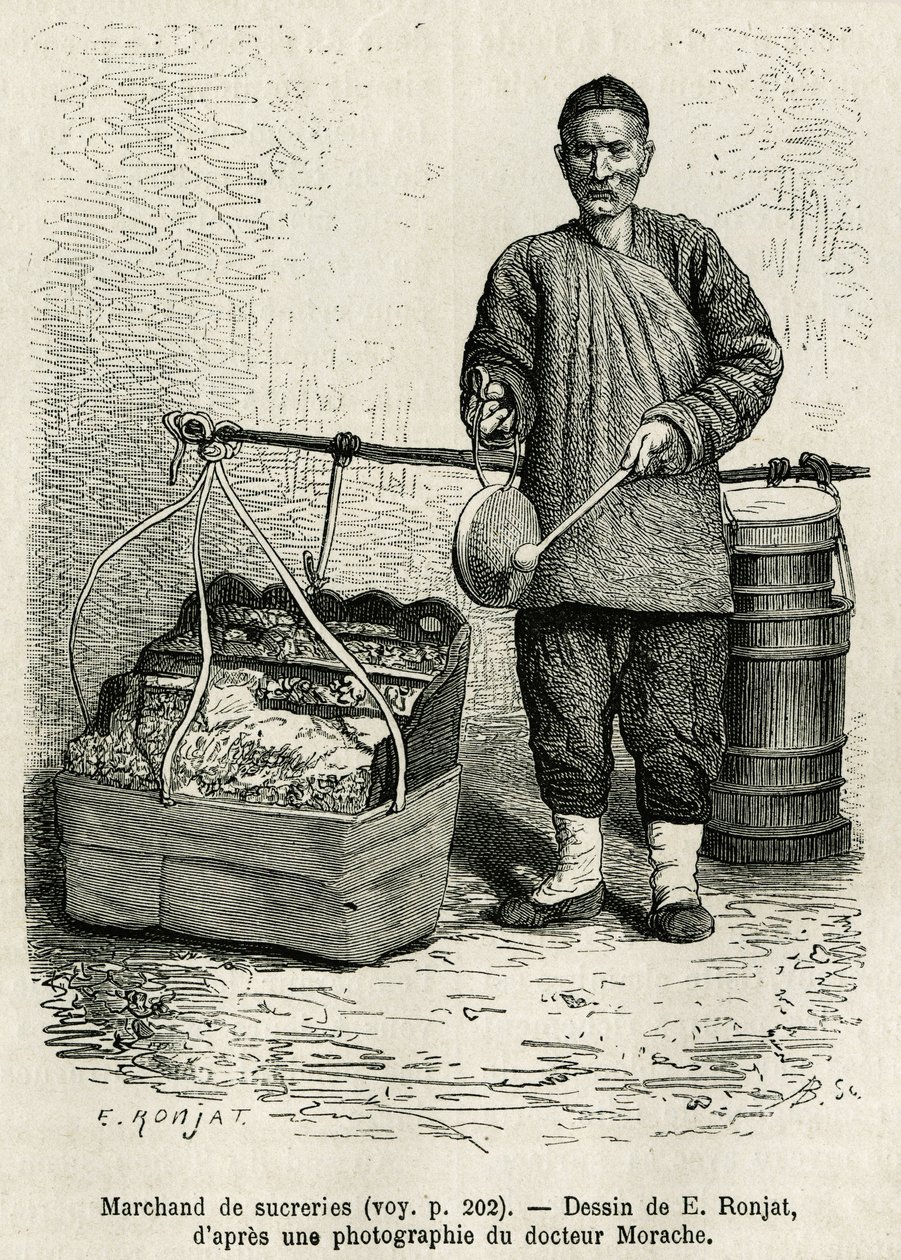 The sugar merchant hitting a flat drum to draw attention to his dried apricots, candied apples and caramel berlingots, walking the Oriental Flower Gate of the Imperial Palace in Peking. Engraving after the drawing of E. Ronjat, to illustrate the journey to by Etienne Antoine Eugene Ronjat