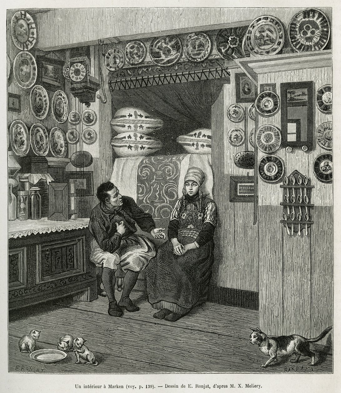 An Interior in Marken (Netherlands) (engraving after a drawing by E. Ronjat, to illustrate the story of the Netherlands by Charles de Coster, 1878) by Etienne Antoine Eugene Ronjat
