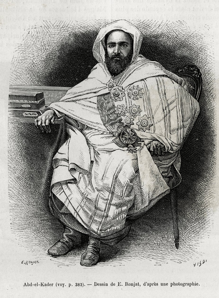 Portrait of Abd El Kader, Algerian emir and sultan, Sufi theologian, politician and military resistance to the French colonial army, also writer, poet and philosopher. Engraving by E. Ronjat, to illustrate the story La Syria d