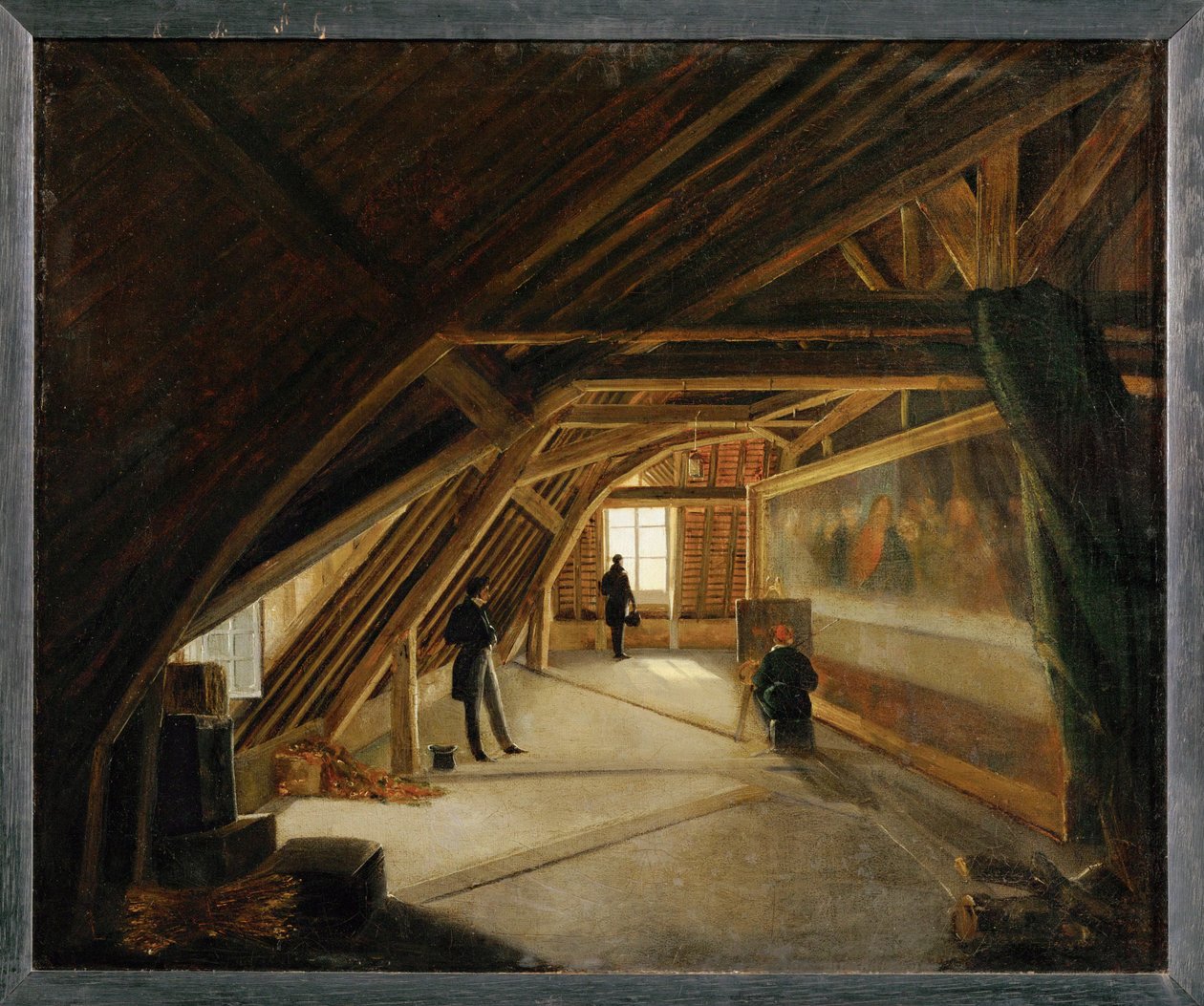 View of the attic of a museum, with a copyist at work by Etienne Bouhot