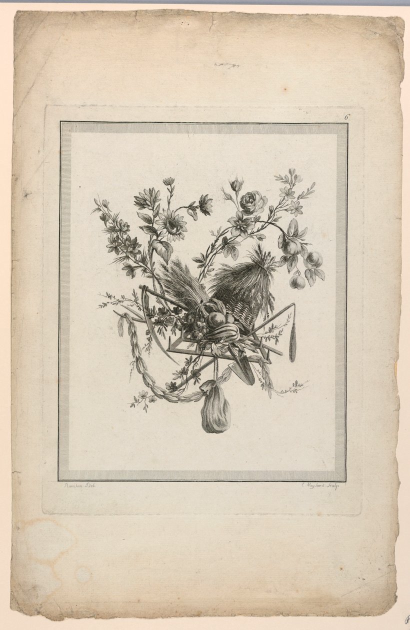 Trophy with Harvest Implements (Plate 6 from "Suite de différentes Attributs, Trophées, et Groupes de Fleurs," Suite II) by Etienne Claude Voysard