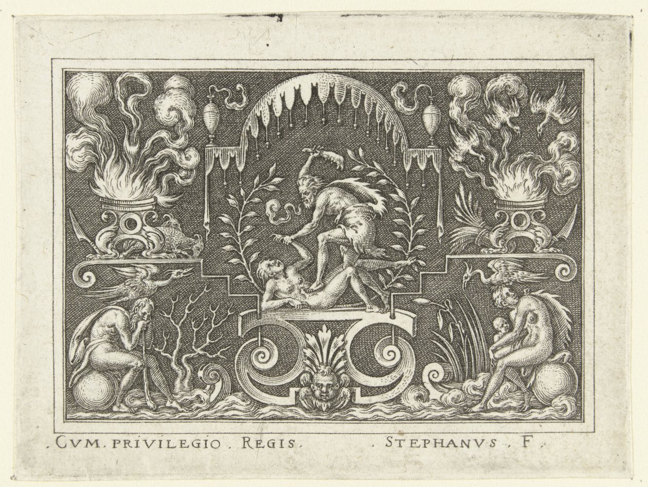 Cain Kills Abel, Flat Decorations with Scenes from the Old Testament in a Grotesque Frame (series title) by Etienne Delaune
