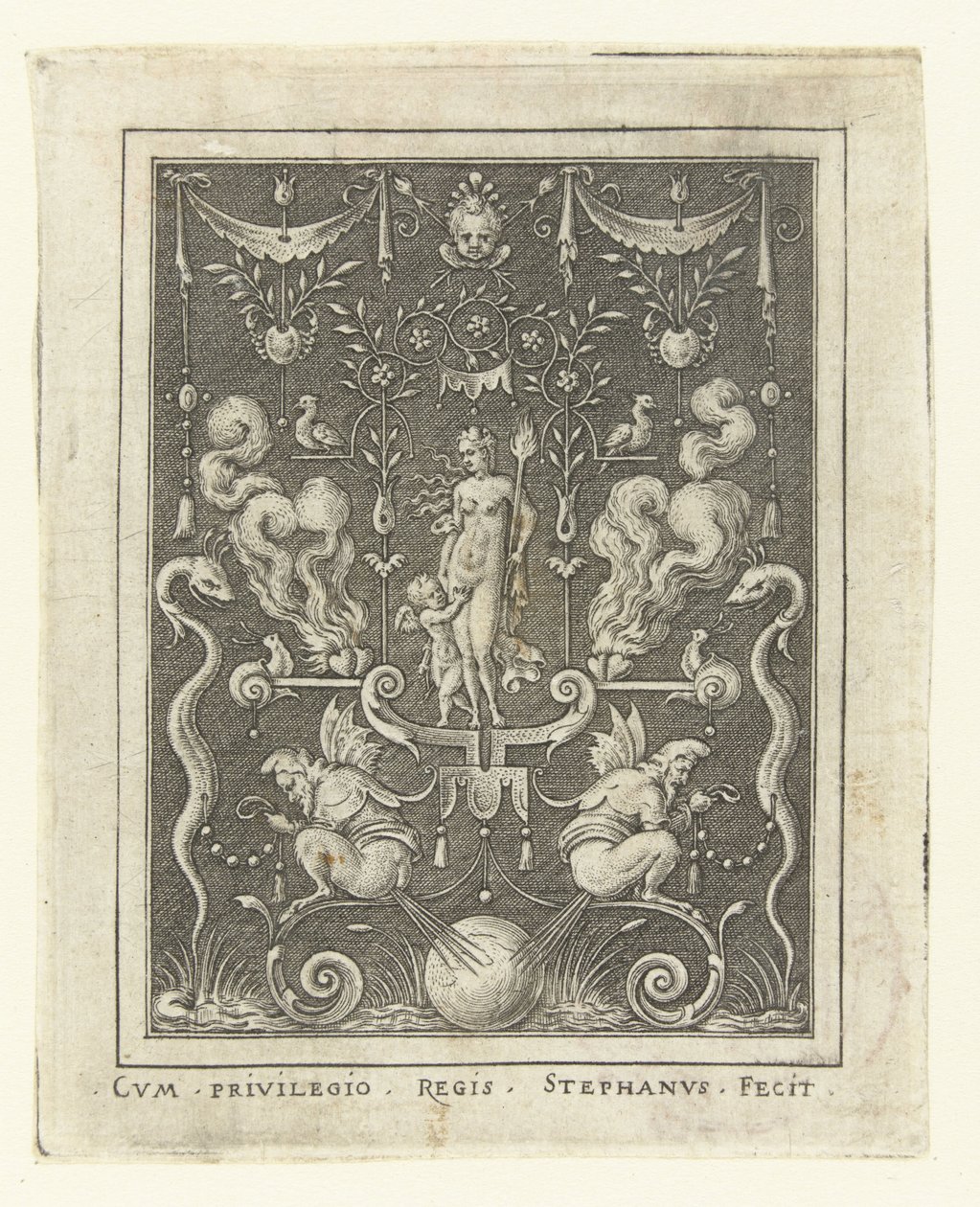 Venus with Amor between Four Burning Hearts (series title) by Etienne Delaune