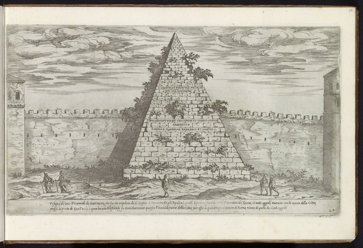 Pyramid of Cestius in Rome (series title: Buildings from Antiquity) (series title on object: The Remains of Ancient Rome Collected and Depicted in Perspective by Stefano Du Perac Parisino) by Etienne Duperac