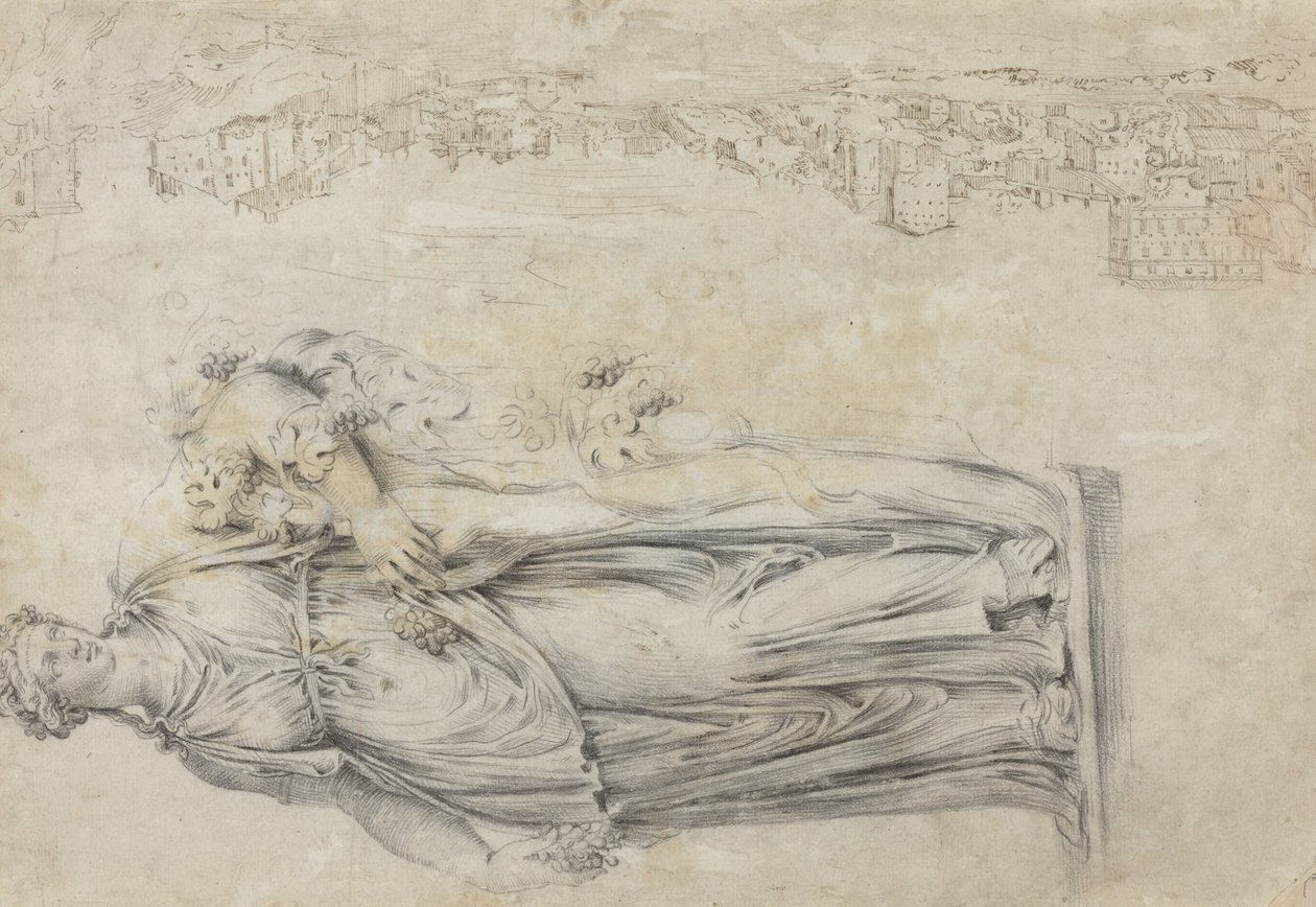 View of the Tiber; Copy of a Roman Sculpture of a Bacchante by Etienne Duperac