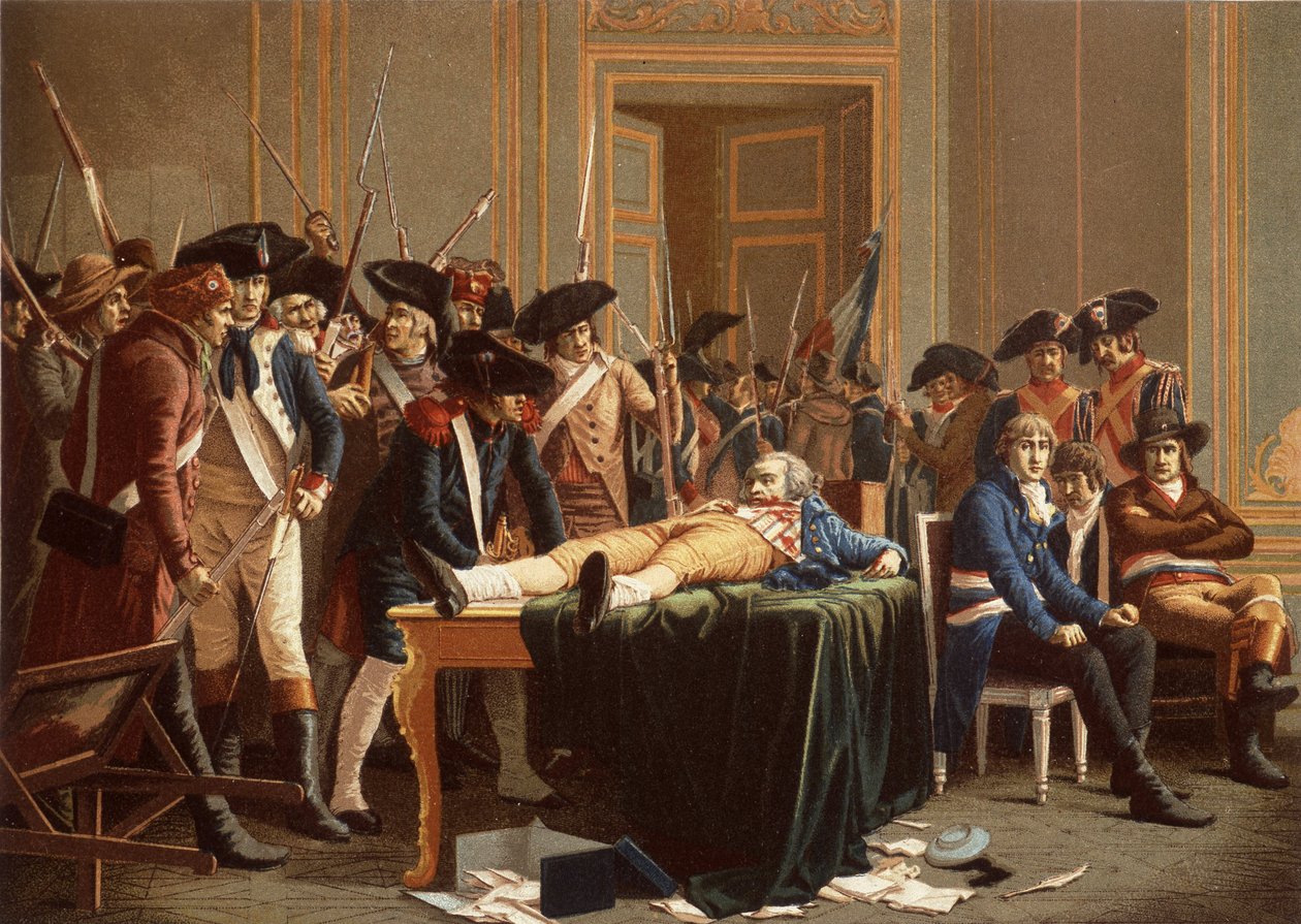 The morning of the 10th Thermidor Year II; Maximilien de Robespierre, with a fractured jaw, spread on a table by Etienne Lucien (after) Melingue