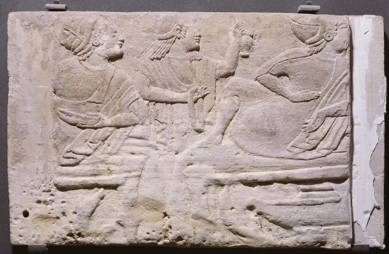Cippi showing a banquet by Etruscan