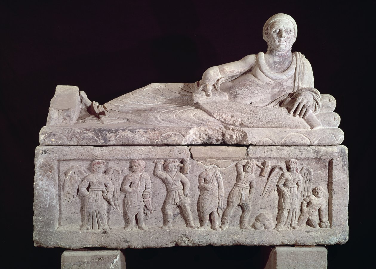 Sarcophagus of the magistrate Laris Pulena with a scroll unrolled ...