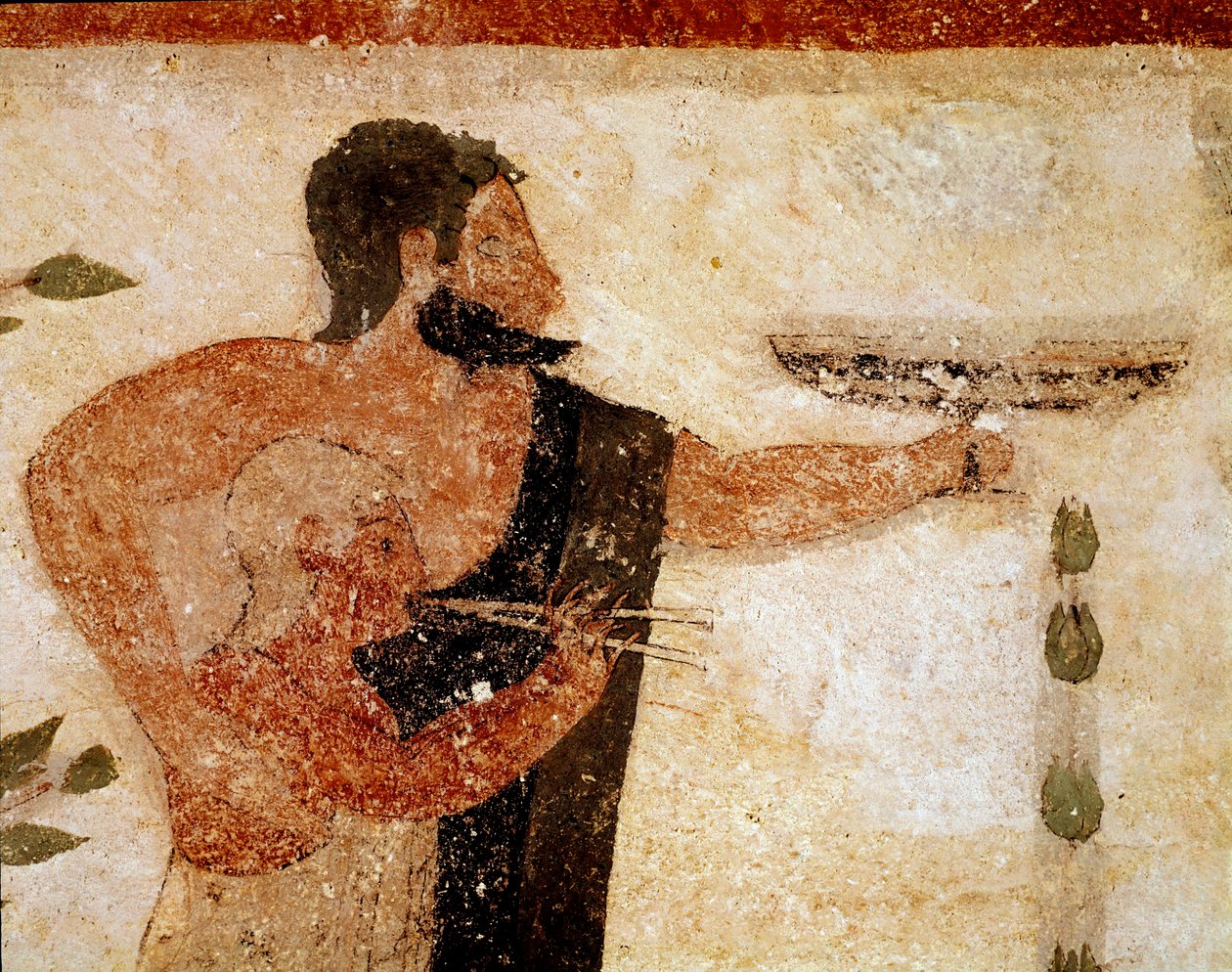A bearded man presenting a cup, near him a musician (detail) by Etruscan