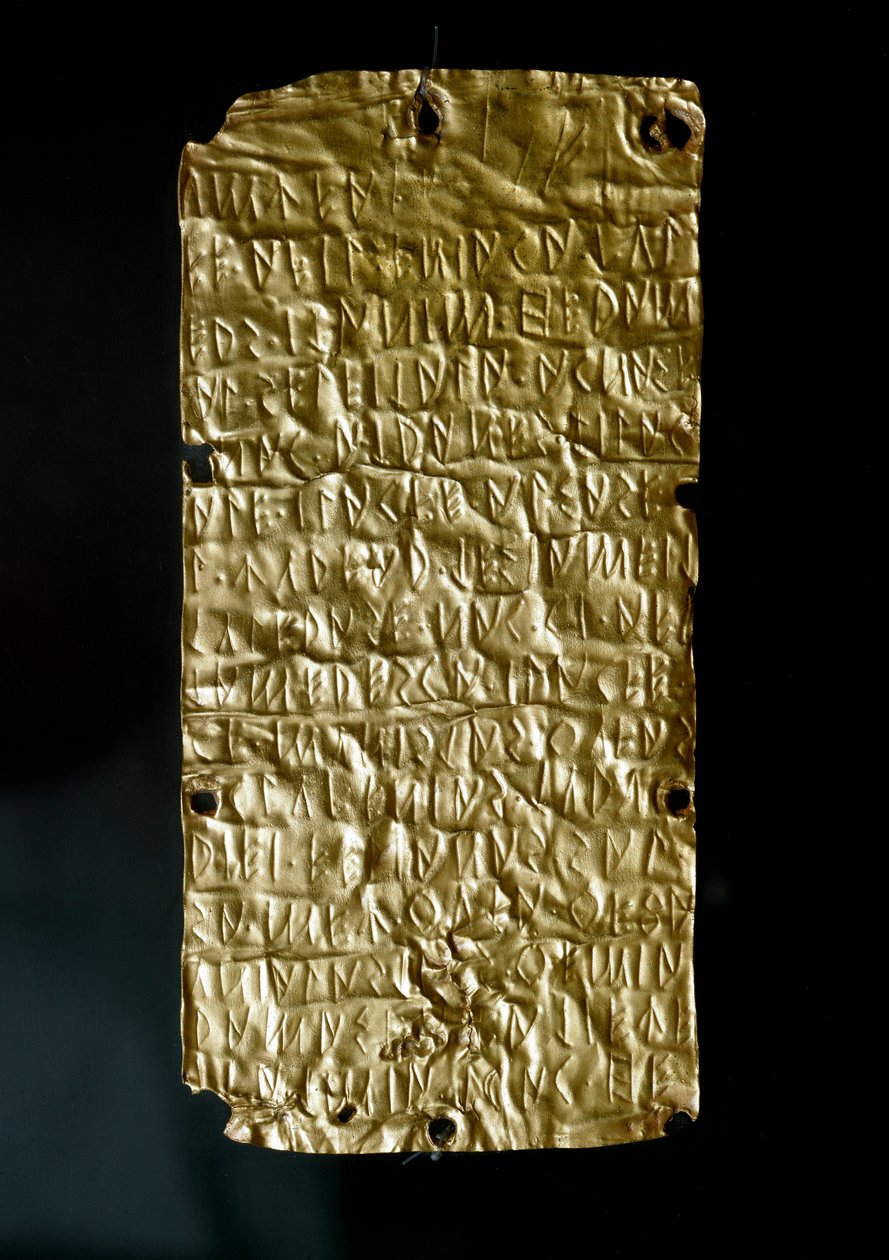 Tablets of Pyrgi in gold engraved with inscriptions in Etruscan language dedicated to the United Goddess. End 6th-beginning 5th century BC. Rome, Museo Nazionale di Villa Giulia by Etruscan