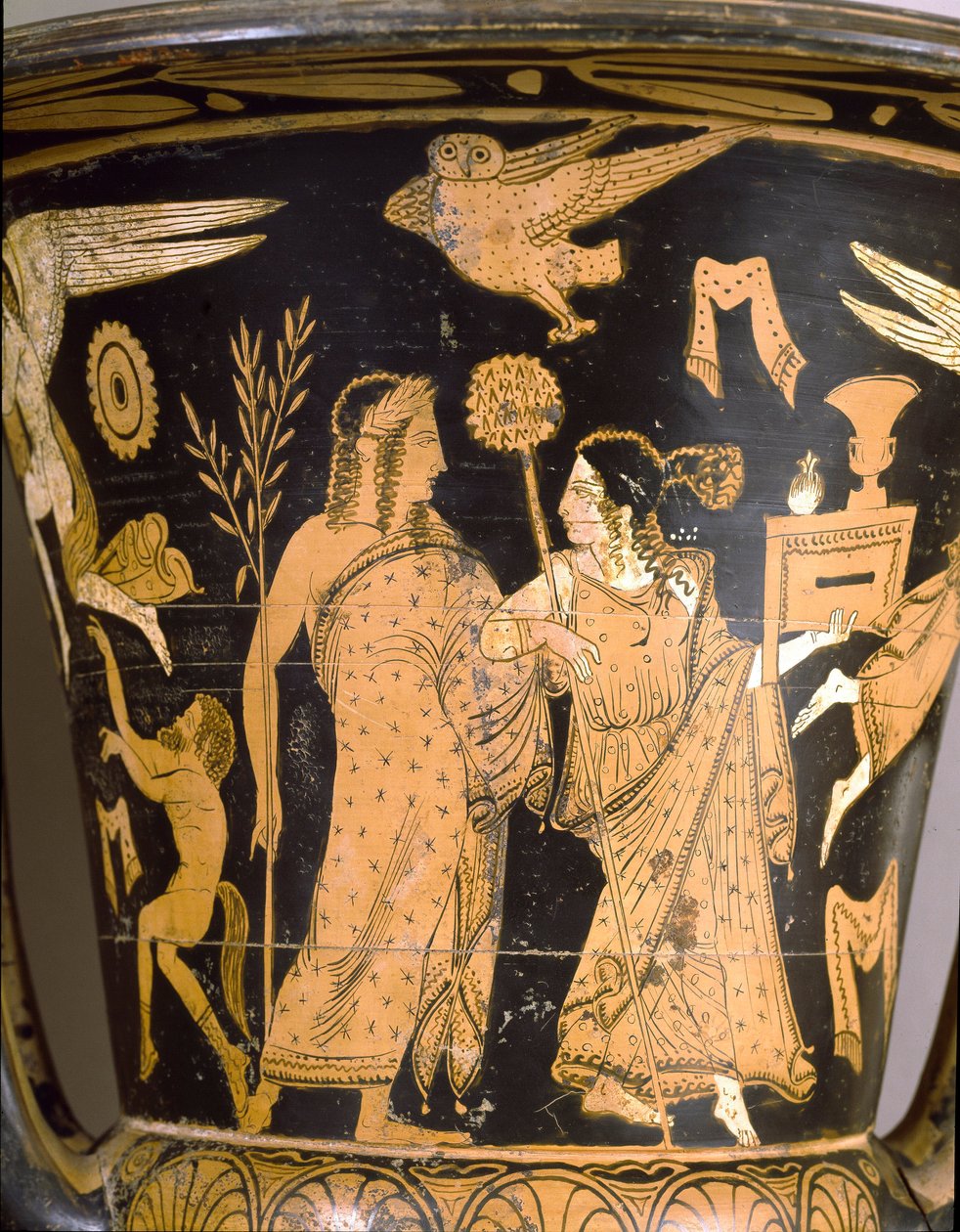 Bell crater representing the destruction of Troy: detail representing Dionysos and Ariane by Etruscan
