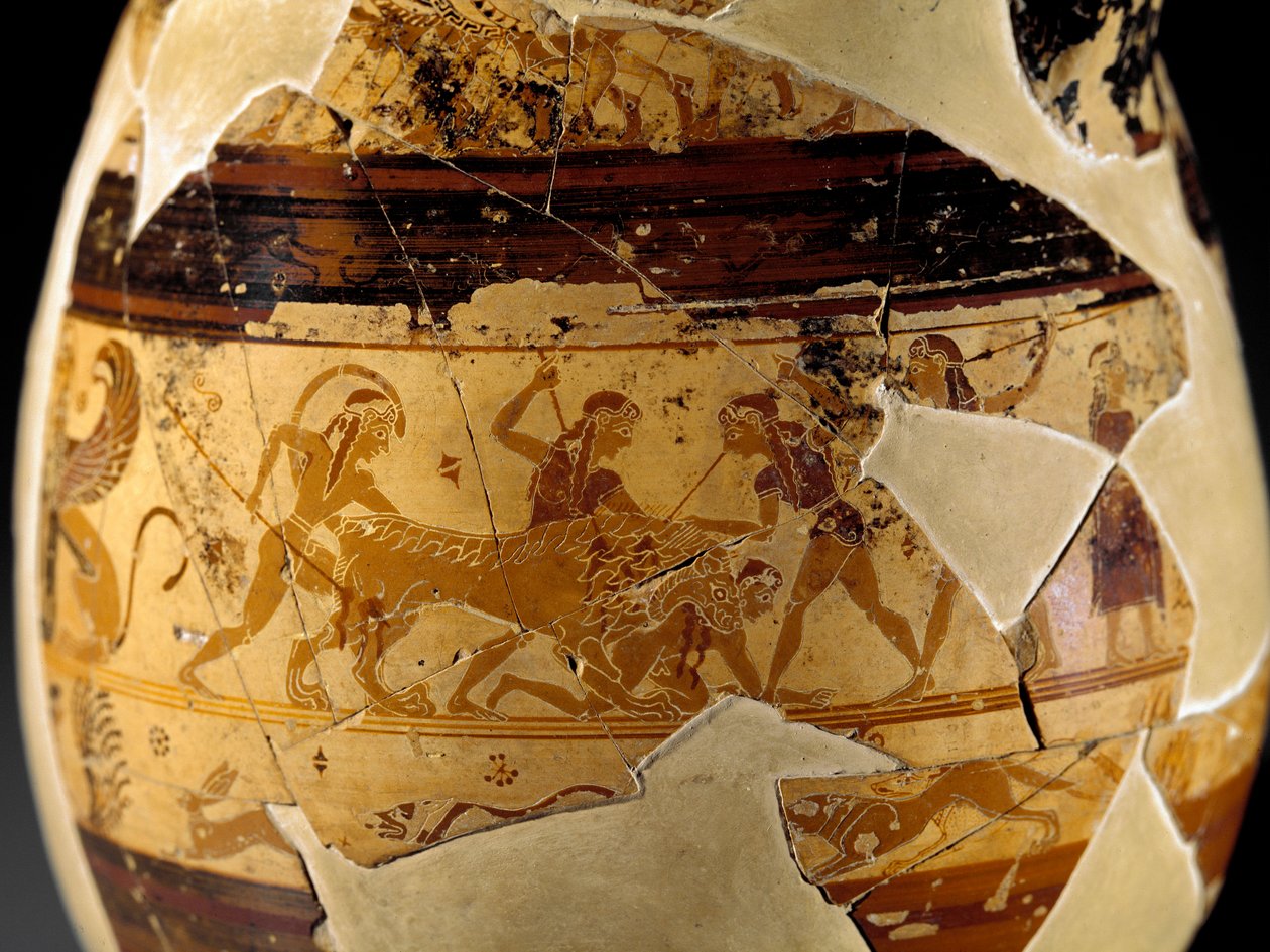 Etruscan antiquity: olpe in clay (pear shaped jug with a trumpet-shaped high collar) known as Olpe Chigi in polychrome protocorynthian style decorated by the painter of Macmillan, 640-630 BC. (Detail) depicting a scene of lion hunting. From Veio. Rome, Mus by Etruscan