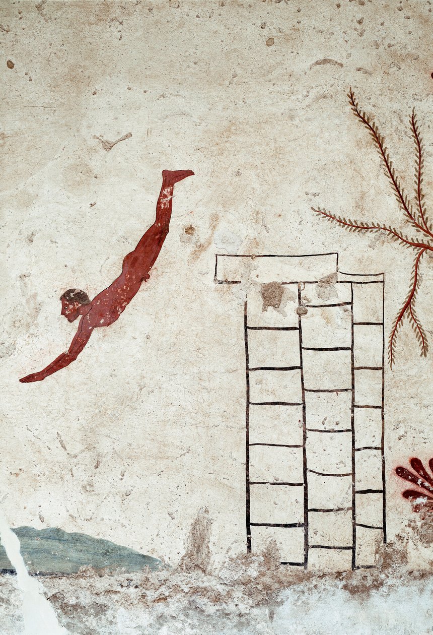 Etruscan art: A young swimmer diving. Fresco of the grave of the diver. (detail) From the southern cemetery of Paestum. 480-470 BC. Museo Archeologico Nazionale, Paestum by Etruscan