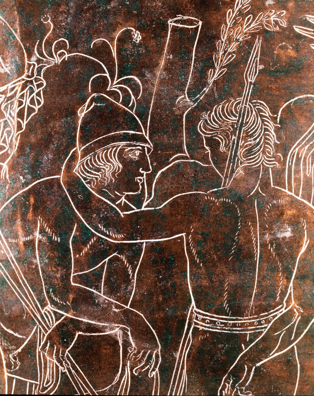 Etruscan art: (detail) of the bronze Ficoroni Cistus representing the legend of the Argonauts. From Preneste (Palestrina). 340 BC. Museo Nazionale di Villa Giulia, Rome by Etruscan