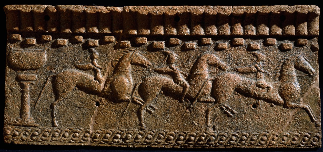 Etruscan art: frieze decoree of knights from an architectural ensemble in Murlo. 6th century BC. Murlo, Antiquarium Municipal, Italy by Etruscan