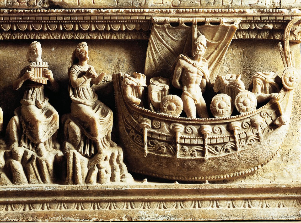 Etruscan civilization, alabaster urn, detail of relief depicting Odysseus and Sirens by Etruscan